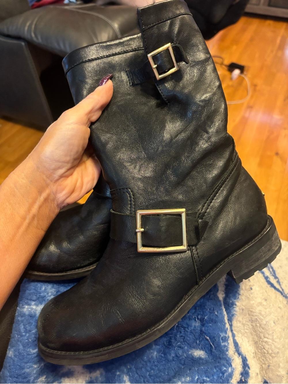Jimmy Choo Black Leather Mid-Calf Combat Boots with Gold Buckles